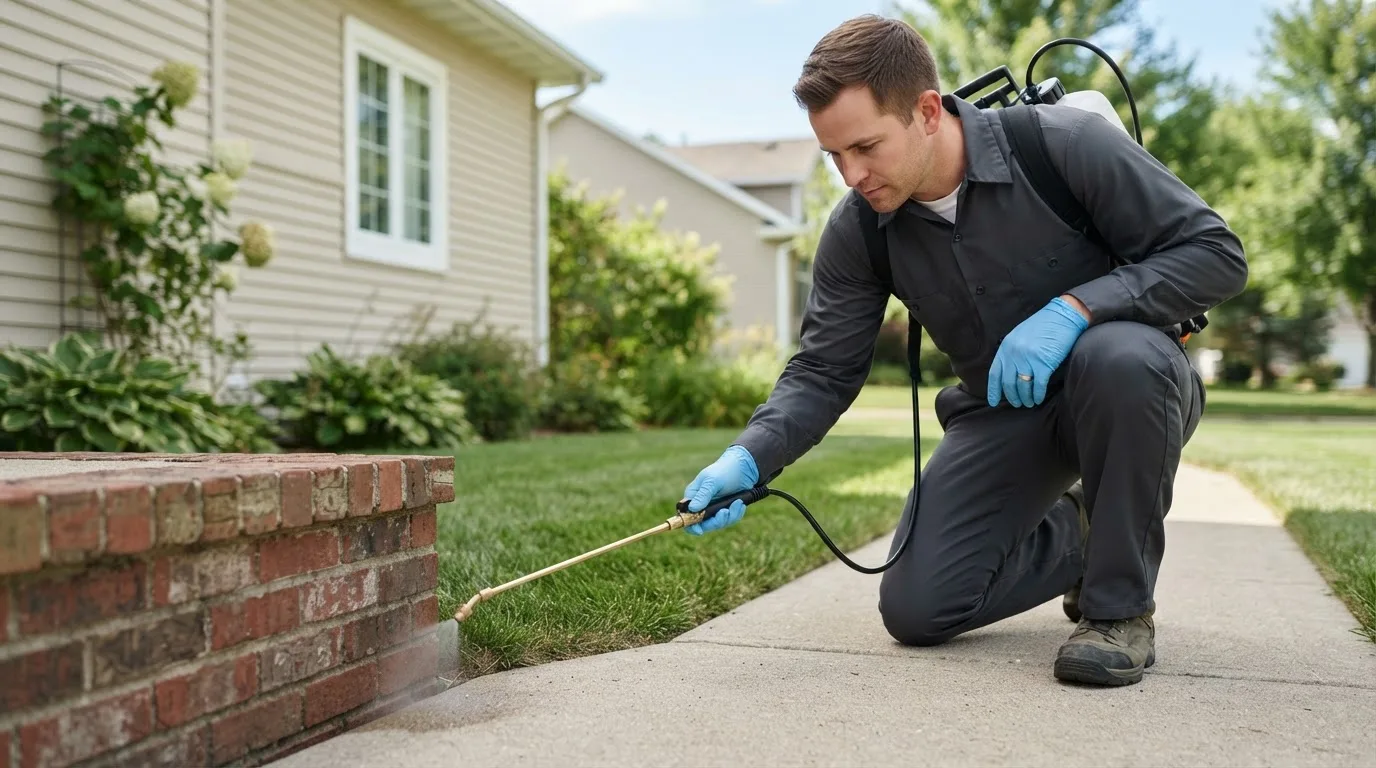 Pest control technician treating a home near Fort Drum, NY